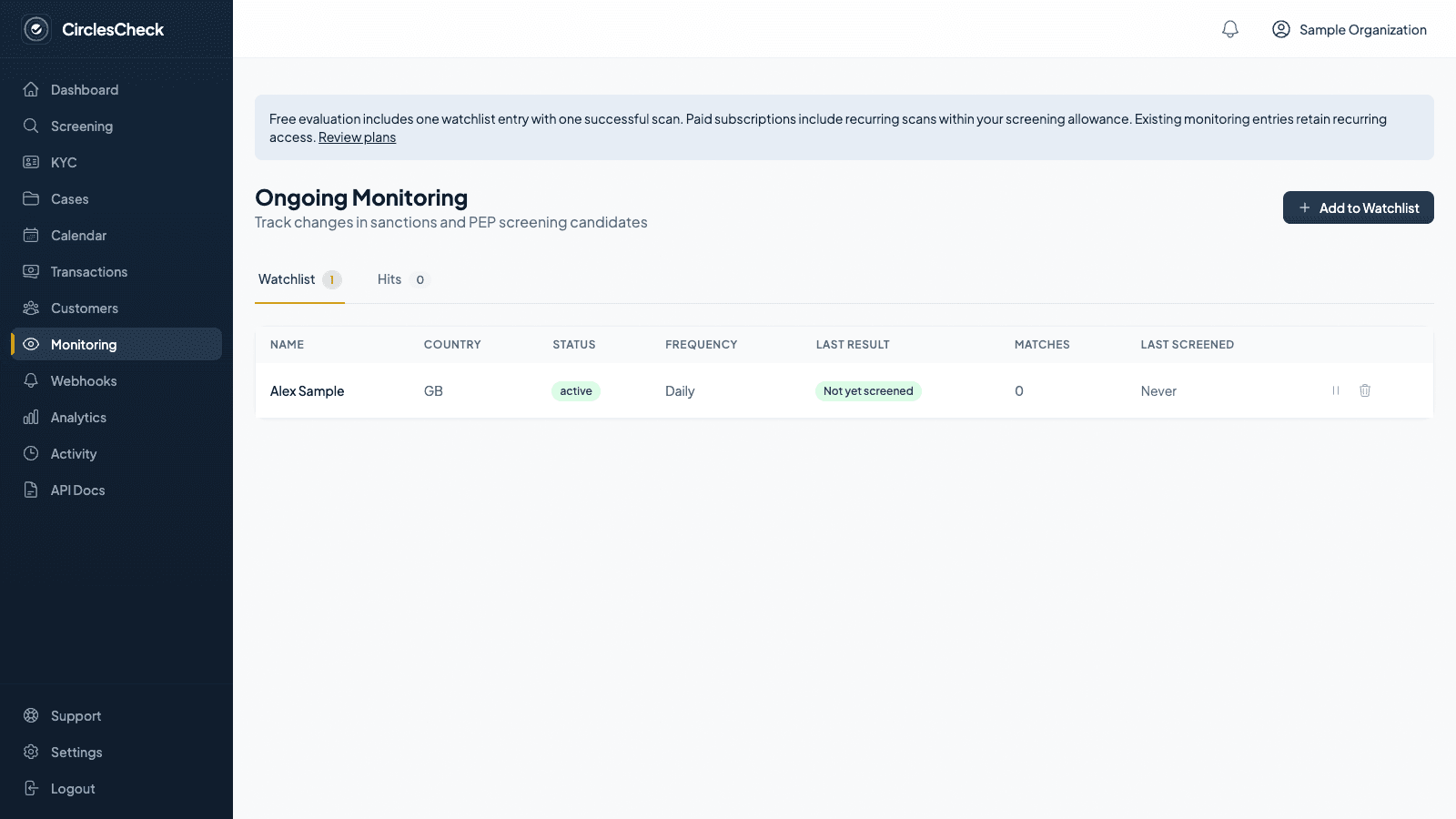 CirclesCheck customer watchlist showing fictional Alex Sample enrolled for recurring monitoring.