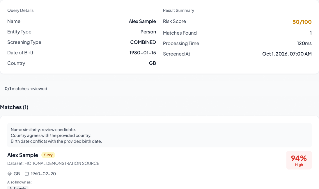 Actual CirclesCheck app: Alex Sample has a potential name match, with a conflicting birth date shown in the evidence.