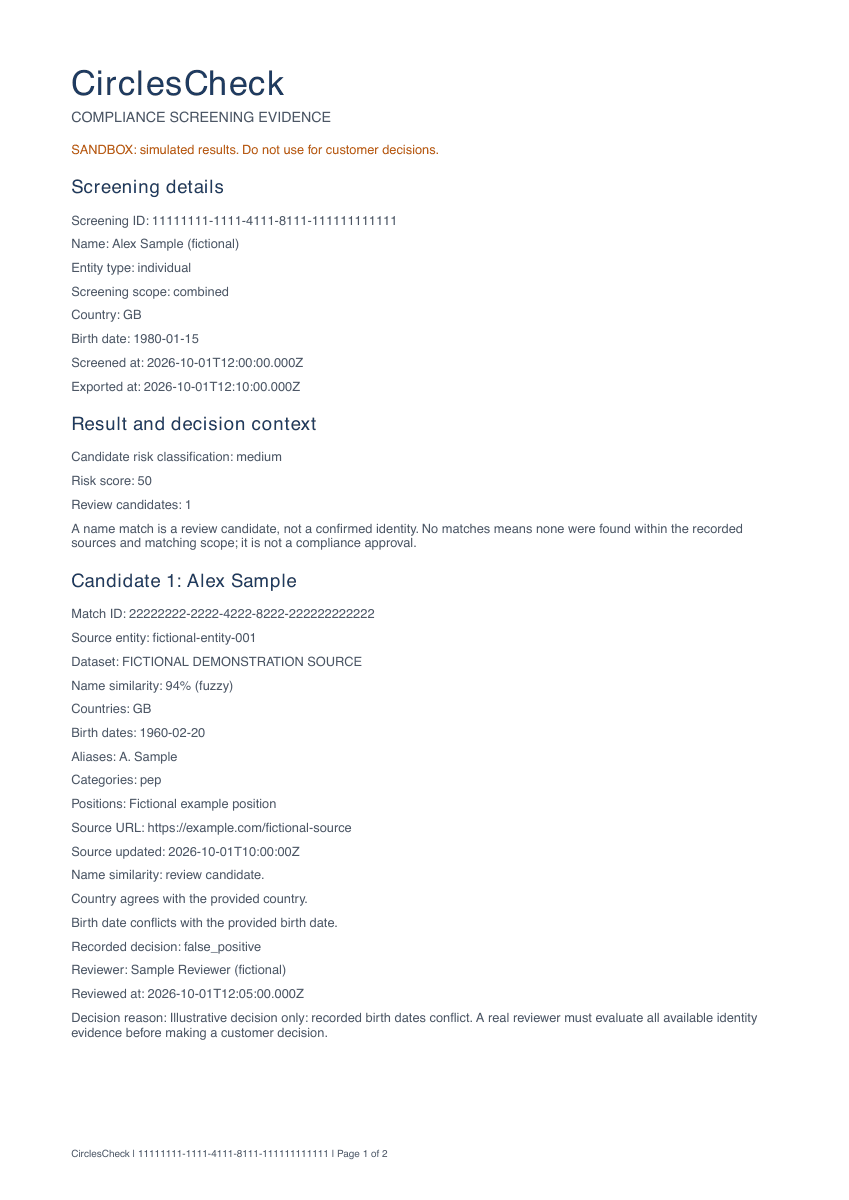 First page of the downloadable fictional screening report, showing Alex Sample's identifiers, result, and reviewer decision.
